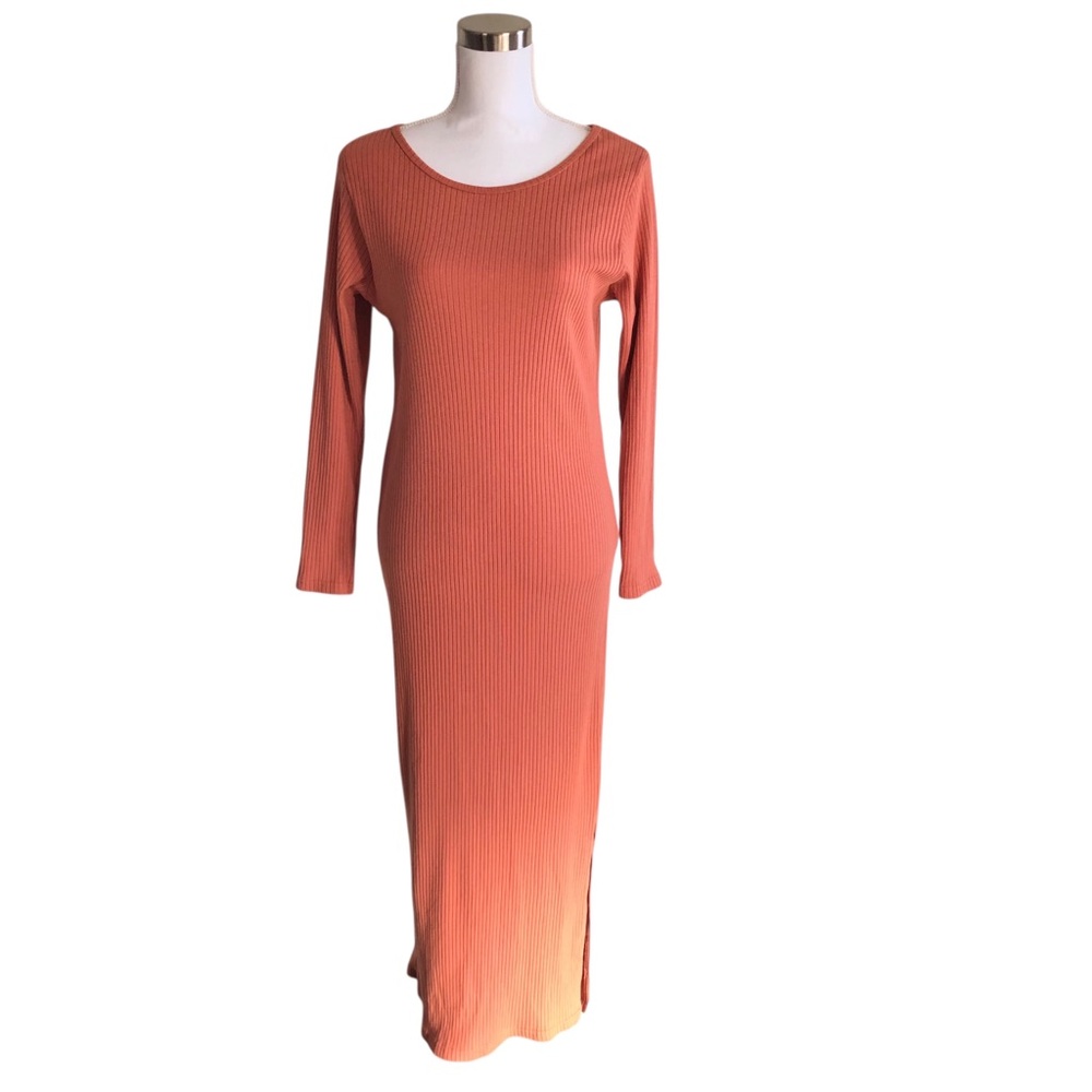 VINTAGE 90s Express Tricot Soft Orange Terracotta Long Sleeve Knit Maxi Dress L